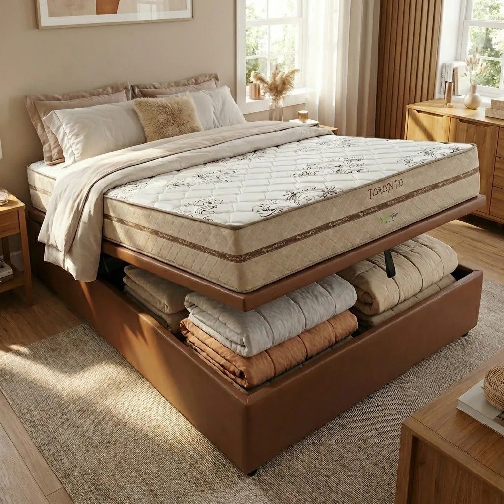 Colchão Casal Toronto 30 cm D28 Molas Ensacadas + Base Baú Corino Marrom – ECOTEC + ALTO NÍVEL