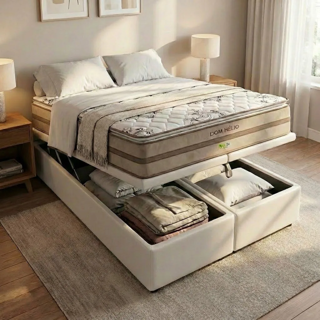 Colchão Queen Dom Hélio VX 32 cm D28 Molas Ensacadas + Base Baú Corino Branco – ECOTEC + ALTO NÍVEL
