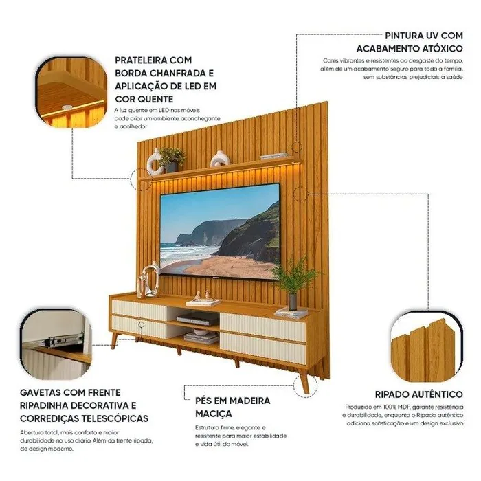 Painel até 85″ Nobre 230 Naturale + Rack Magnífico Naturale/Off White – GELIUS