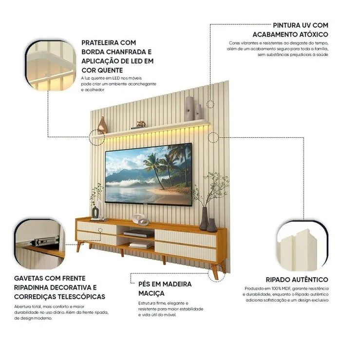 Painel até 85″ Nobre 230 Off White + Rack Magnífico Naturale/Off White – GELIUS