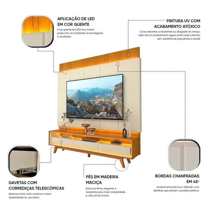 Painel até 85″ Magnífico + Rack Requinte 212 Naturale/Off White – GELIUS