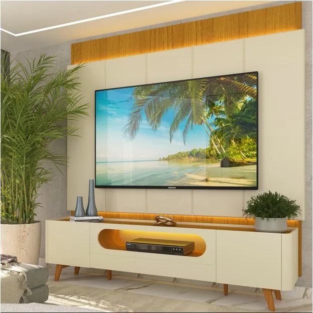 Painel até 85″ Magnífico Naturale/Off White + Rack Nobre 210 (Pés de madeira) Off White/Naturale – GELIUS