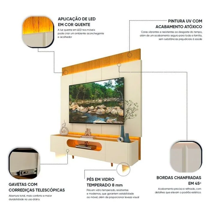 Painel até 85″ Magnífico Naturale/Off White + Rack Nobre 210 (Pés de vidro) Off White/Naturale – GELIUS