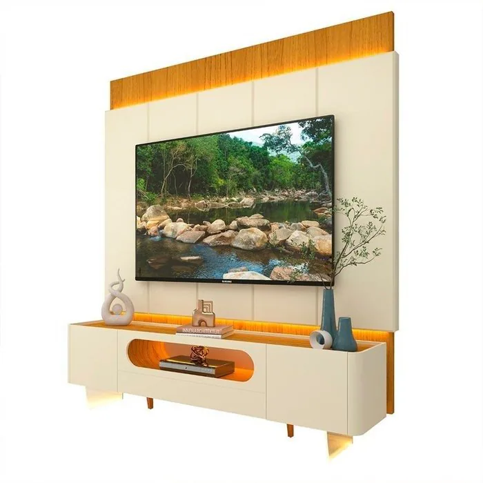 Painel até 85″ Magnífico Naturale/Off White + Rack Nobre 210 (Pés de vidro) Off White/Naturale – GELIUS