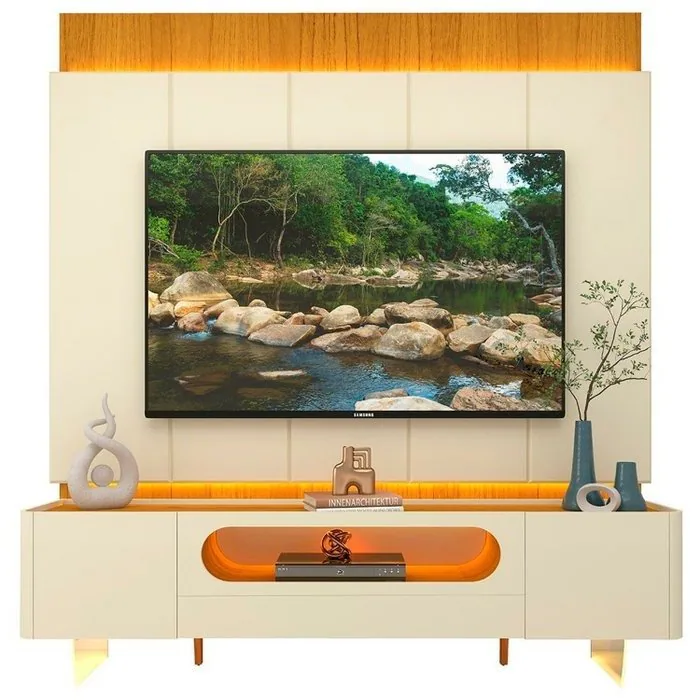 Painel até 85″ Magnífico Naturale/Off White + Rack Nobre 210 (Pés de vidro) Off White/Naturale – GELIUS