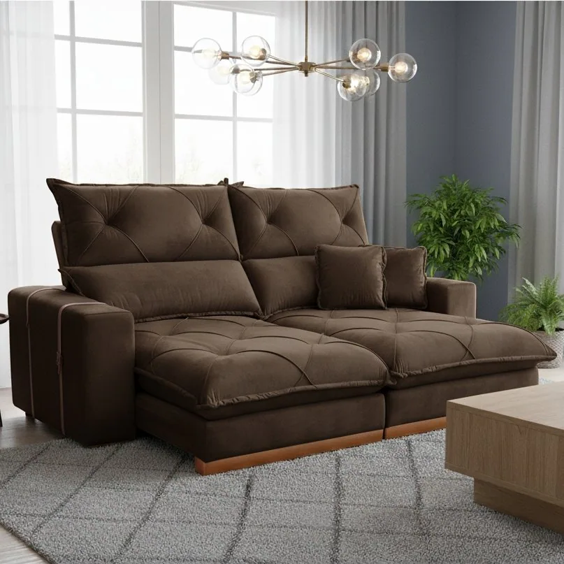 Sofá Retrátil e Reclinável Gran Bello Light 2,30 m Veludo Marrom – QUINE ESTOFADOS