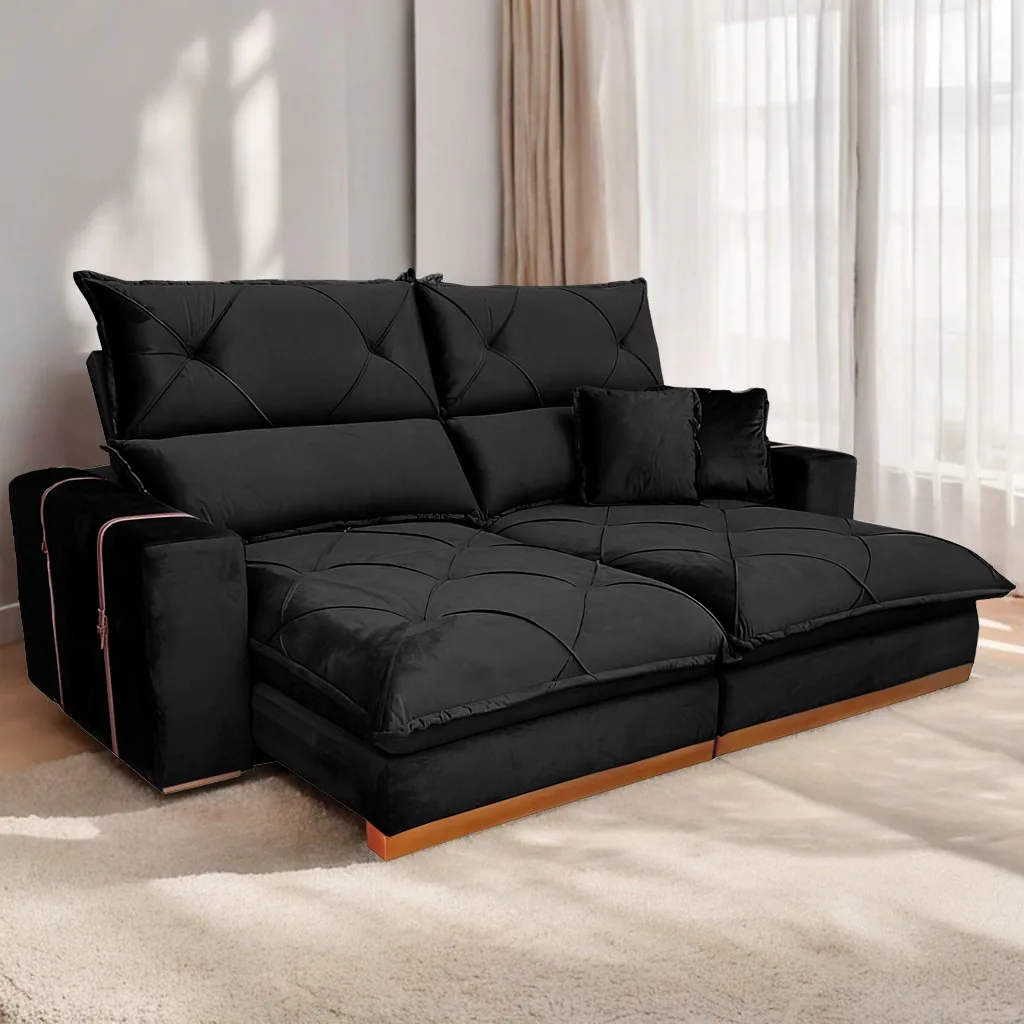 Sofá Retrátil e Reclinável Gran Bello Light 2,30 m Veludo Preto – QUINE ESTOFADOS
