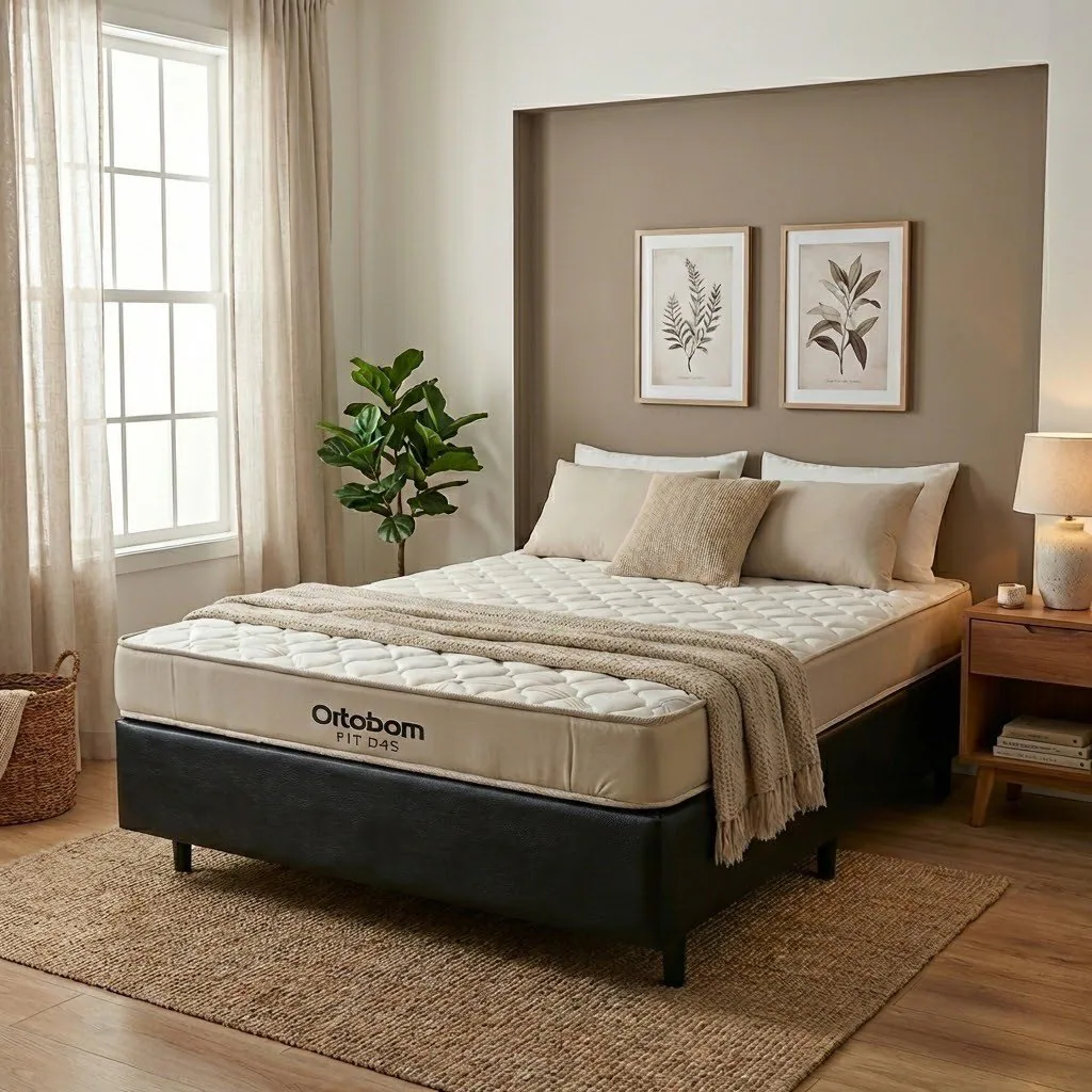 Colchão Casal Fit 25 cm D45 + Base Simples Corino Preto – ORTOBOM + BIOSTAR