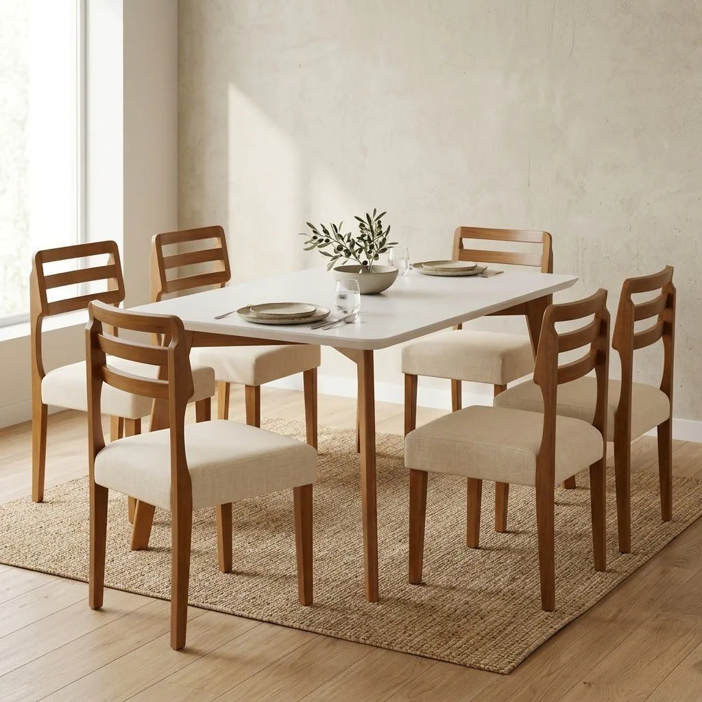 Mesa Anne 180 Mel/Off White com 6 Cadeiras Turquia Linho Palha 311A – HR MOVELARIA