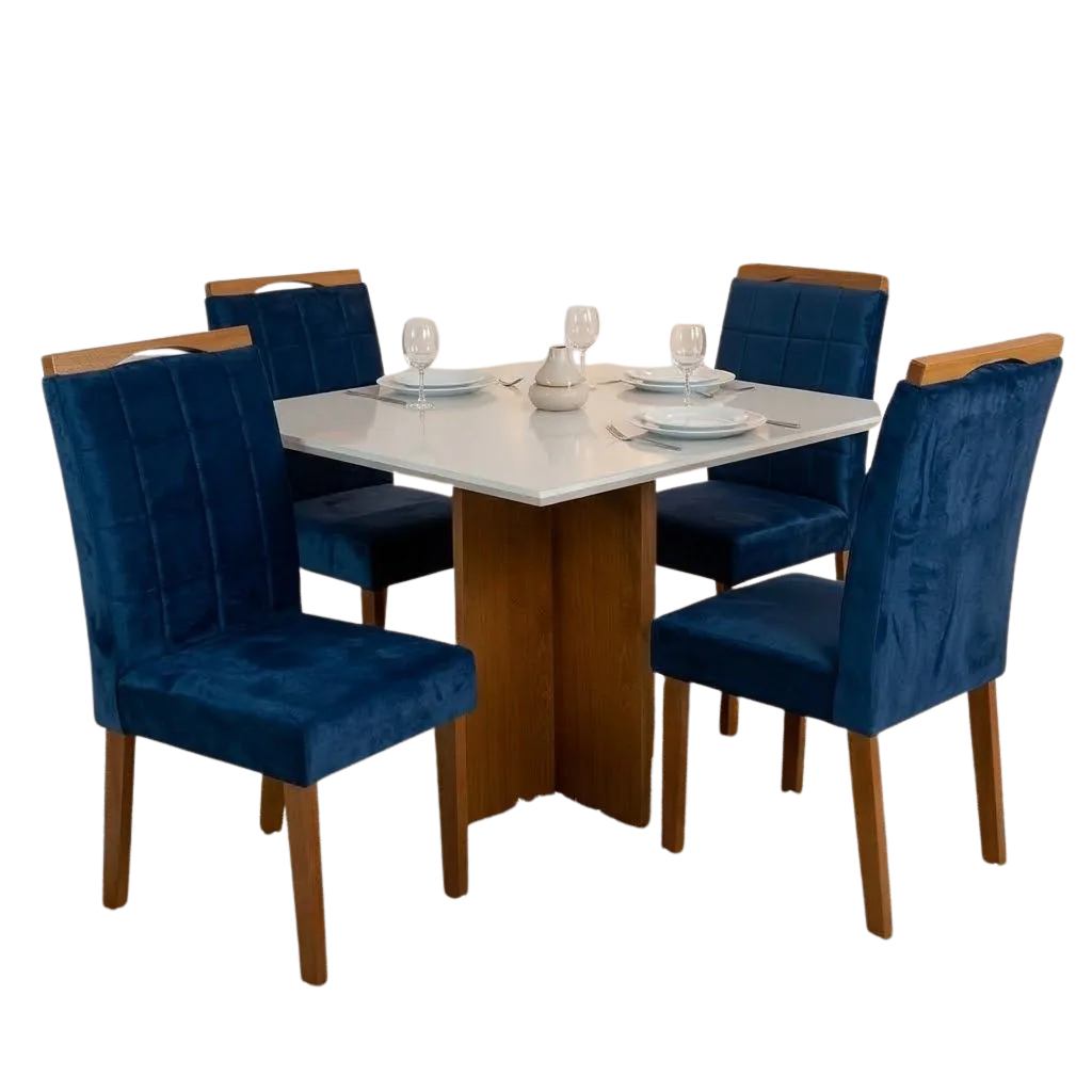 Mesa Salinas 90 (Tampo Dakota c/vidro) Cinamomo/Off White com 4 Cadeiras Las Vegas Veludo Azul 24 – CEL MÓVEIS + OURO DE