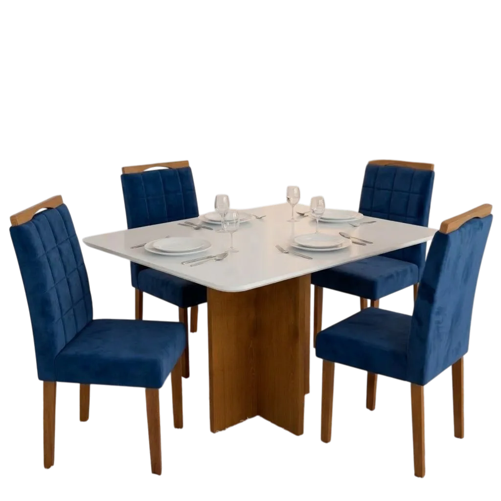 Mesa Salinas 120 (Tampo Londres c/vidro) Cinamomo/Off White com 4 Cadeiras Las Vegas Veludo Azul 24 – CEL MÓVEIS + OURO