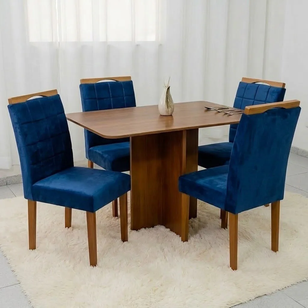 Mesa Salinas 120 (Tampo Londres s/vidro) Cinamomo com 4 Cadeiras Las Vegas Veludo Azul 24 – CEL MÓVEIS + OURO