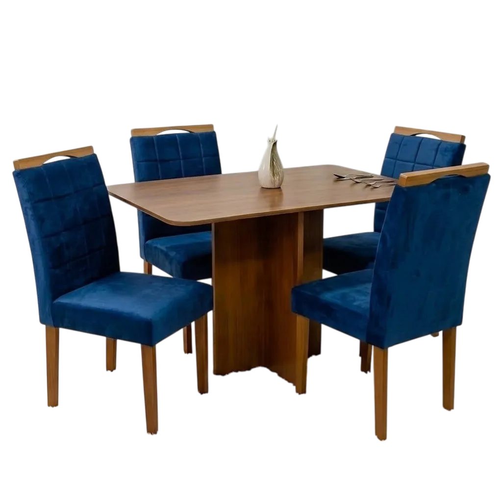Mesa Salinas 120 (Tampo Londres s/vidro) Cinamomo com 4 Cadeiras Las Vegas Veludo Azul 24 – CEL MÓVEIS + OURO