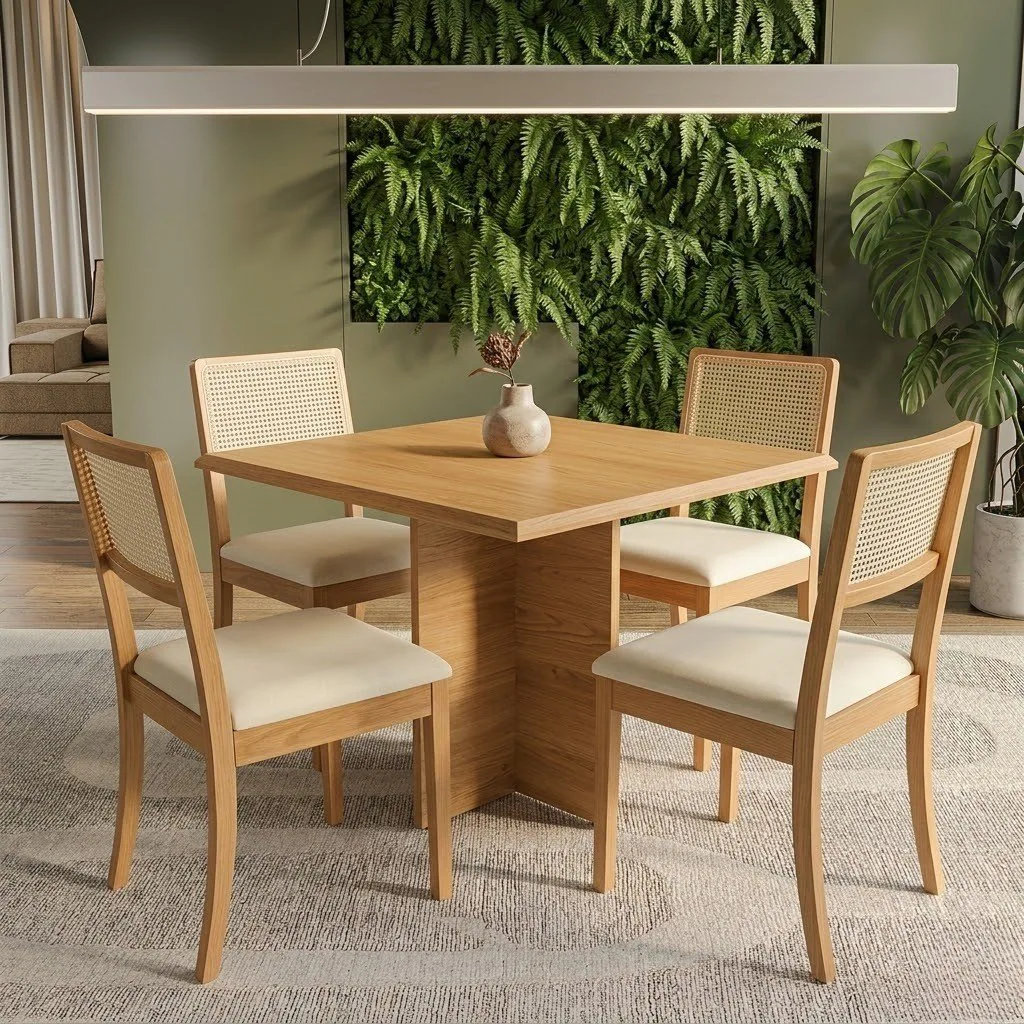 Mesa Pérola 90 Imbuia Mel (Tampo Viena s/vidro) com 4 Cadeiras Lola Linho Areia A085A – CARVALHO DECOR + KAPPESBERG