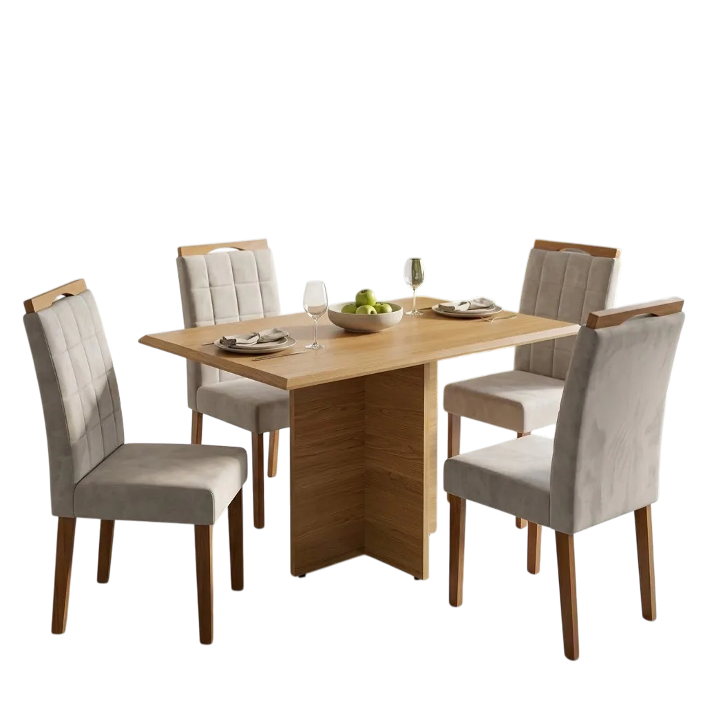 Mesa Pérola 120 Imbuia Mel (Tampo Viena s/vidro) com 4 Cadeiras Las Vegas Veludo Bege 01 – CARVALHO DECOR + OURO DECOR