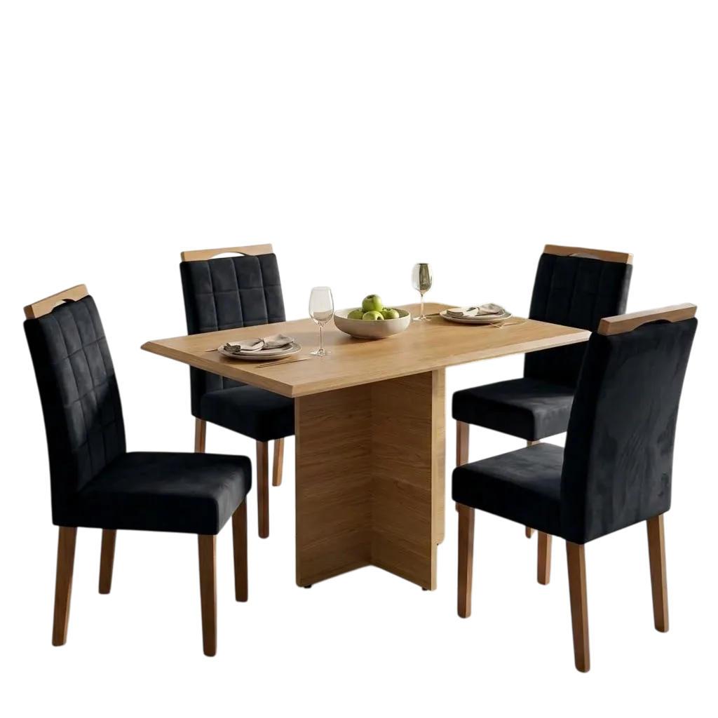 Mesa Pérola 120 Imbuia Mel (Tampo Viena s/vidro) com 4 Cadeiras Las Vegas Veludo Preto 13 – CARVALHO DECOR + OURO DECOR