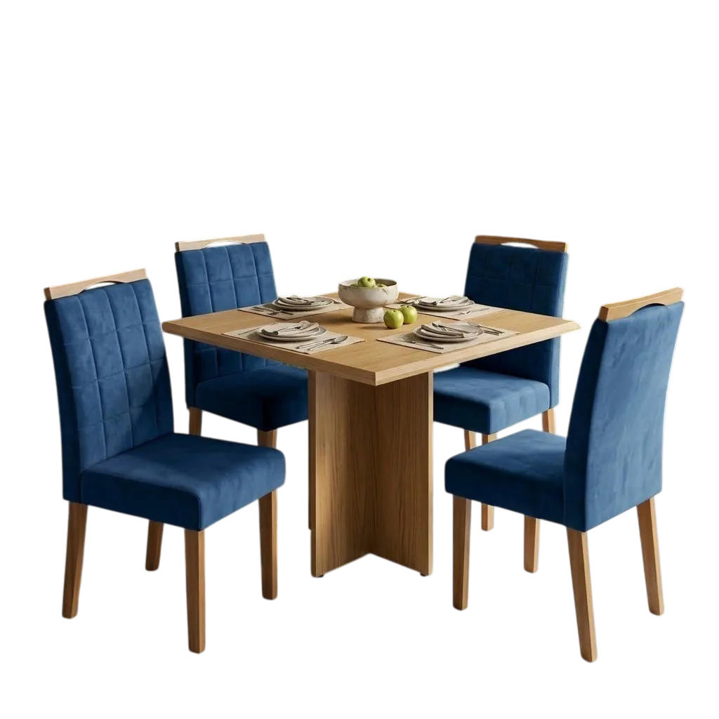 Mesa Pérola 90 Imbuia Mel (Tampo Viena s/vidro) com 4 Cadeiras Las Vegas Veludo Azul 24 – CARVALHO DECOR + OURO DECOR