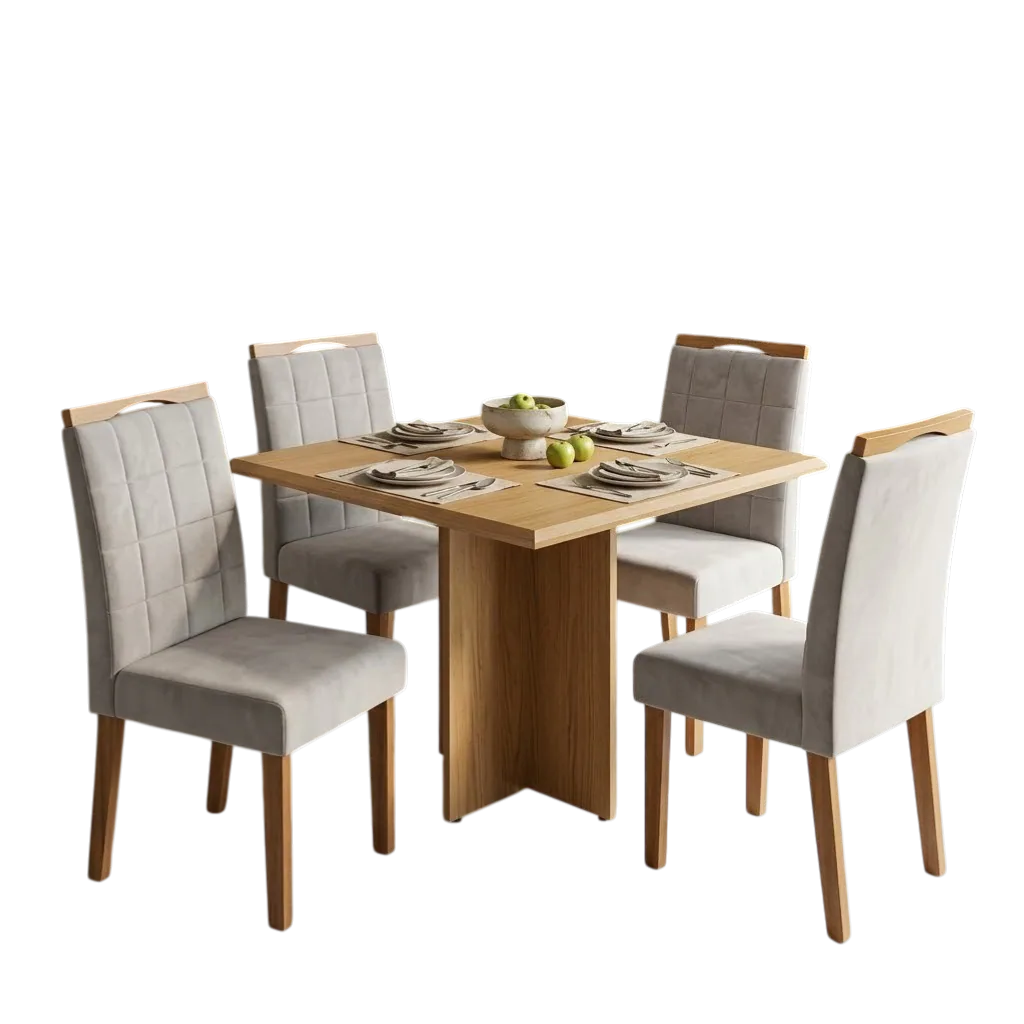 Mesa Pérola 90 Imbuia Mel (Tampo Viena s/vidro) com 4 Cadeiras Las Vegas Veludo Bege 01 – CARVALHO DECOR + OURO DECOR