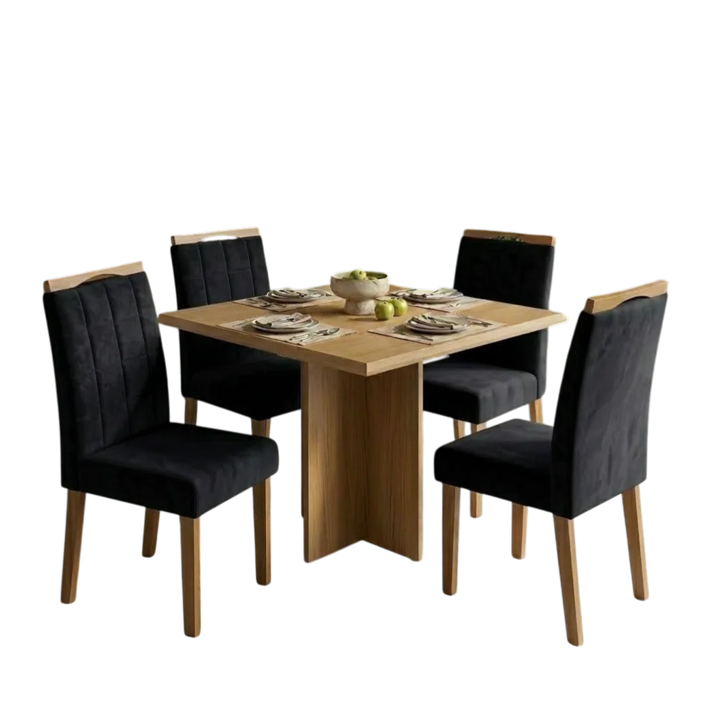 Mesa Pérola 90 Imbuia Mel (Tampo Viena s/vidro) com 4 Cadeiras Las Vegas Veludo Preto 13 – CARVALHO DECOR + OURO DECOR