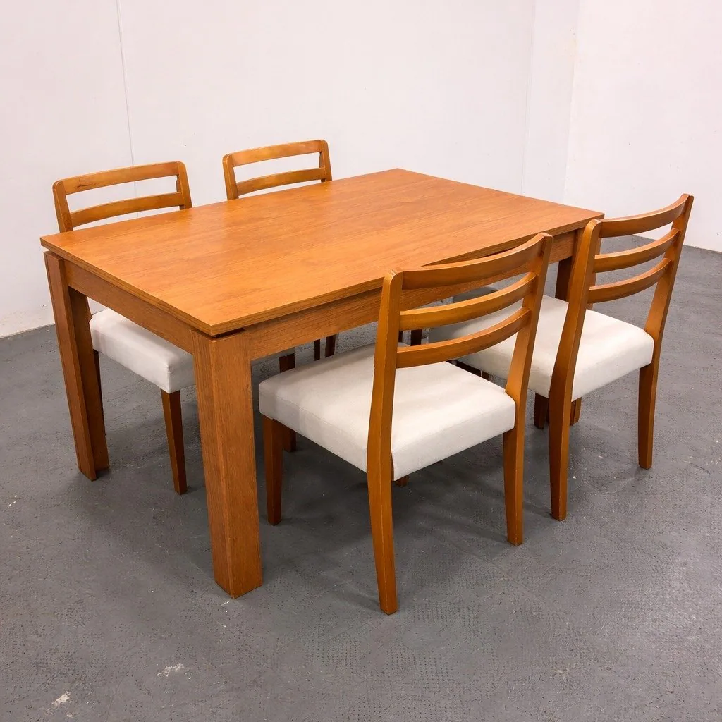 Mesa Athenas 120 Amêndoa Clean com 4 Cadeiras Turquia Mel/Linho Palha 311A – LOPAS + HR MOVELARIA