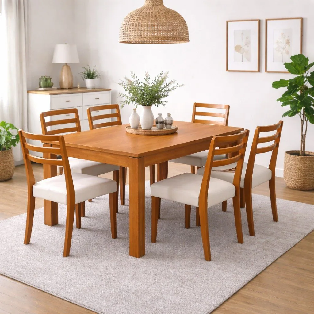 Mesa Athenas 180 Amêndoa Clean com 6 Cadeiras Turquia Mel/Linho Palha 311A – LOPAS + HR MOVELARIA