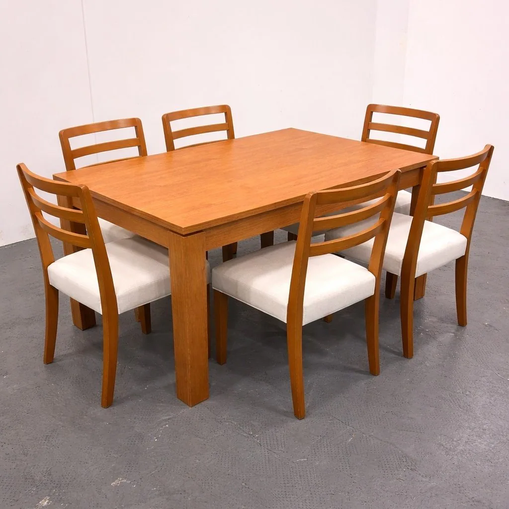 Mesa Athenas 180 Amêndoa Clean com 6 Cadeiras Turquia Mel/Linho Palha 311A – LOPAS + HR MOVELARIA