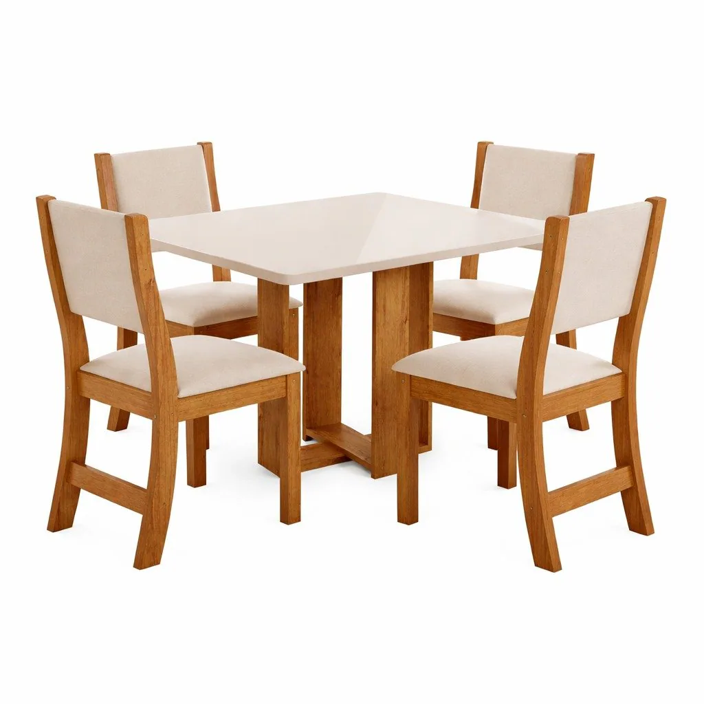 Mesa Tókio/Teka 120 Mel/Blonde/Off White com 4 Cadeiras Sol Linho Bronze – VIERO MÓVEIS