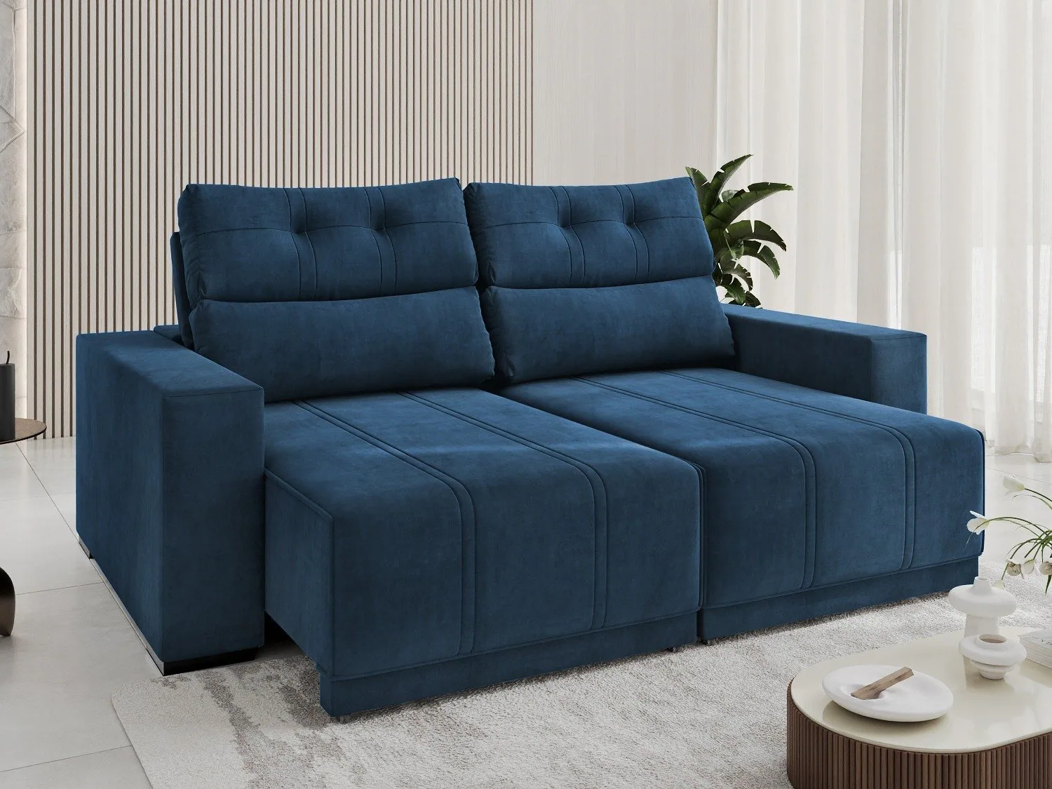 Sofá Retrátil e Reclinável Royal 2,00 m Veludo Azul – VIERO MÓVEIS