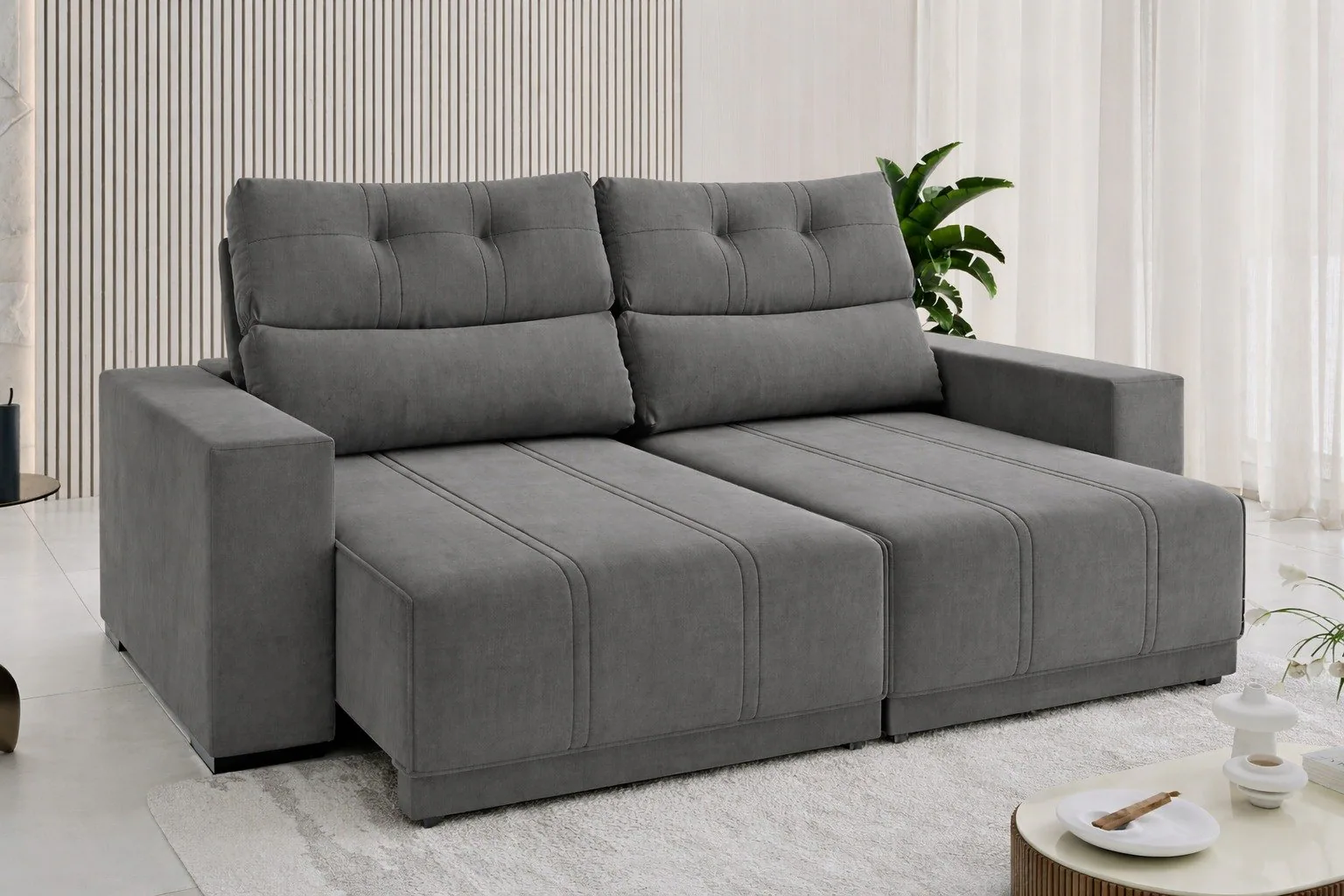 Sofá Retrátil e Reclinável Royal 2,00 m Veludo Cinza Grafite – VIERO MÓVEIS