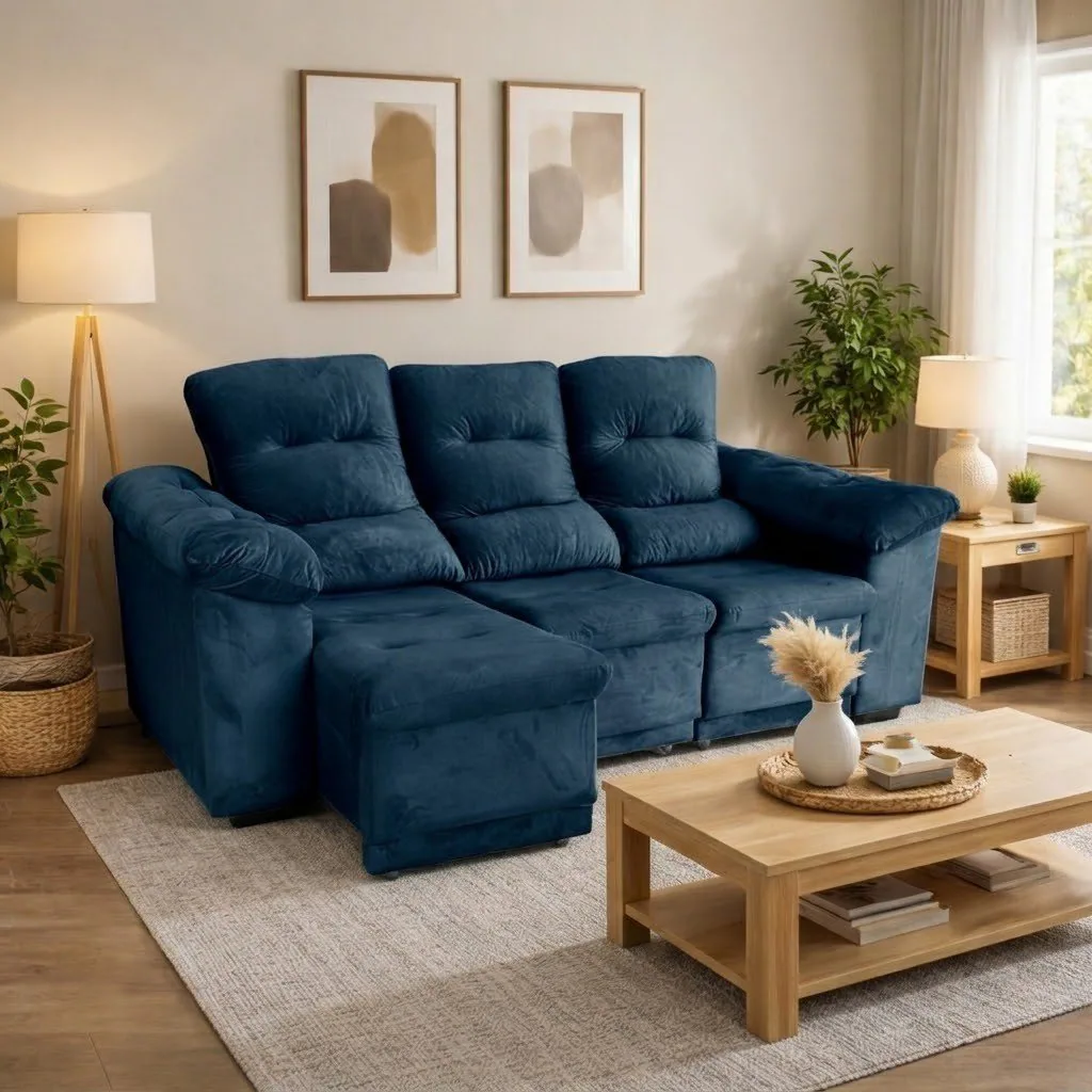 Sofá Retrátil e Reclinável Dinamarca 2,10 m Veludo Azul – FLASH ESTOFADOS