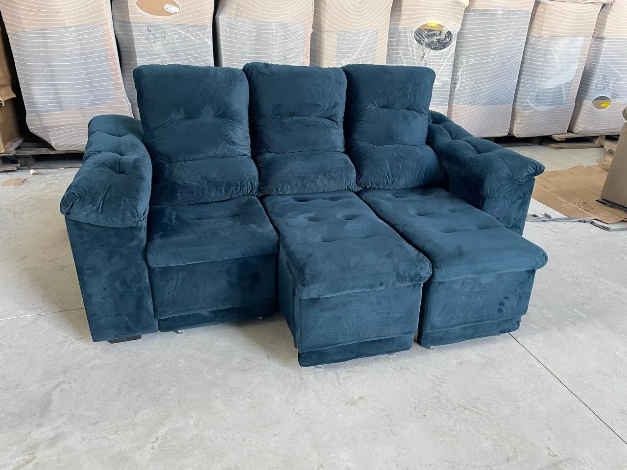 Sofá Retrátil e Reclinável Dinamarca 2,10 m Veludo Azul – FLASH ESTOFADOS