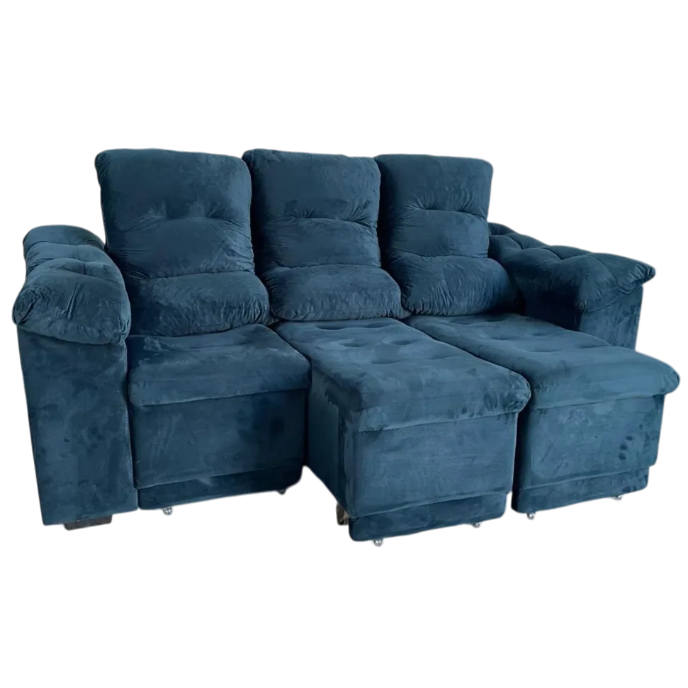 Sofá Retrátil e Reclinável Dinamarca 2,10 m Veludo Azul – FLASH ESTOFADOS