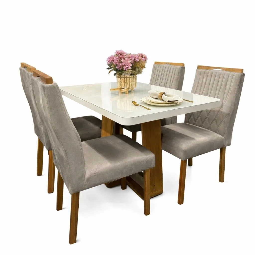 Mesa Sintonia (Tampo Maxi) 120 Amêndoa Clean/Off White com 4 Cadeiras Gênova Veludo Bege Capuccino – LOPAS + ART ASSENTO