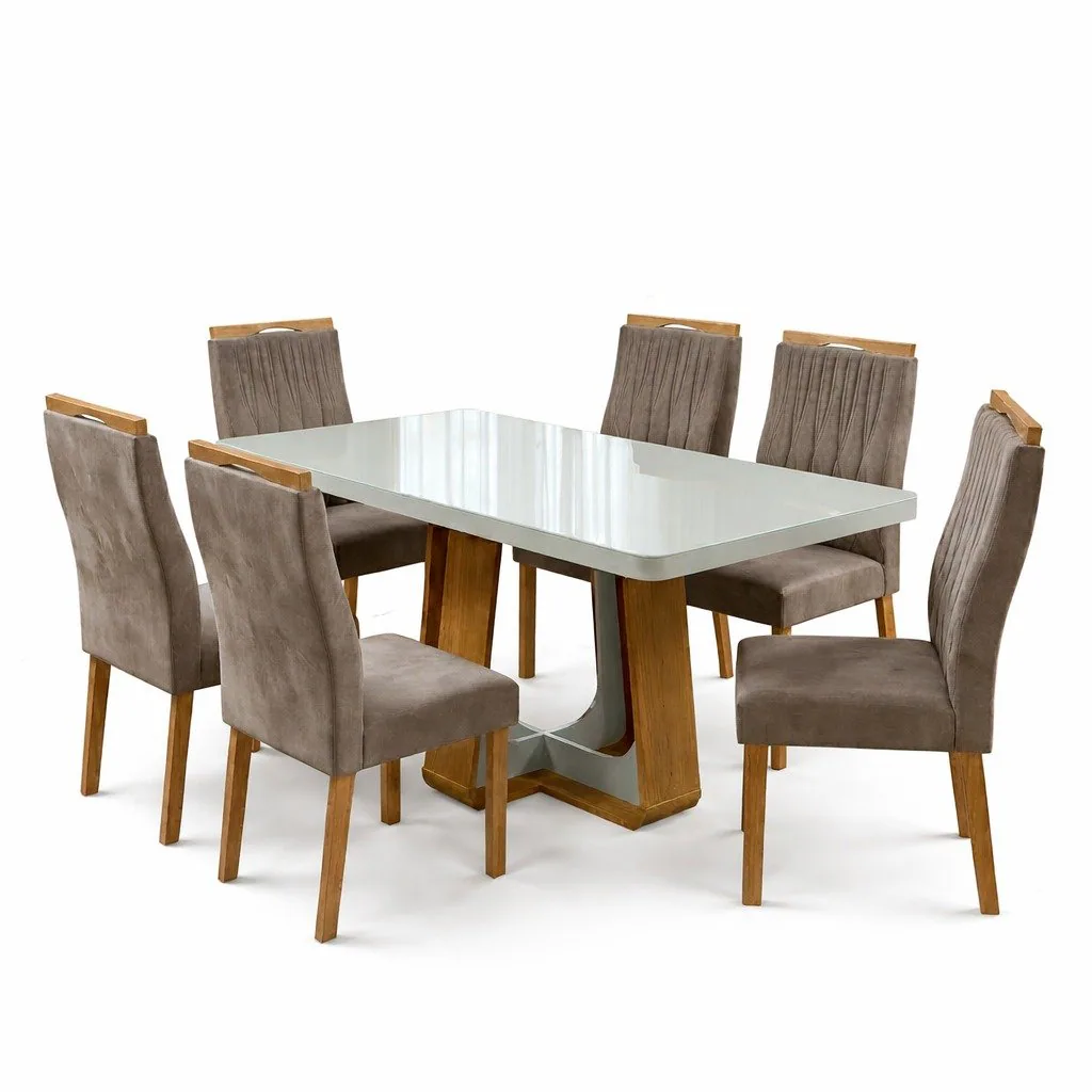 Mesa Sintonia (Tampo Maxi) 170 Amêndoa Clean/Off White com 6 Cadeiras Gênova Veludo Bege Capuccino – LOPAS + ART ASSENTO