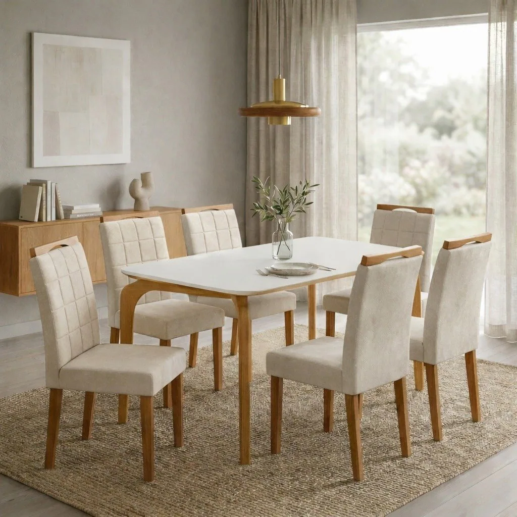 Mesa Capri 160 (C/Vidro) Cinamomo/Off White com 4 Cadeiras Las Vegas Veludo Bege 01 – MÓVEIS VALVERDE + OURO DECOR