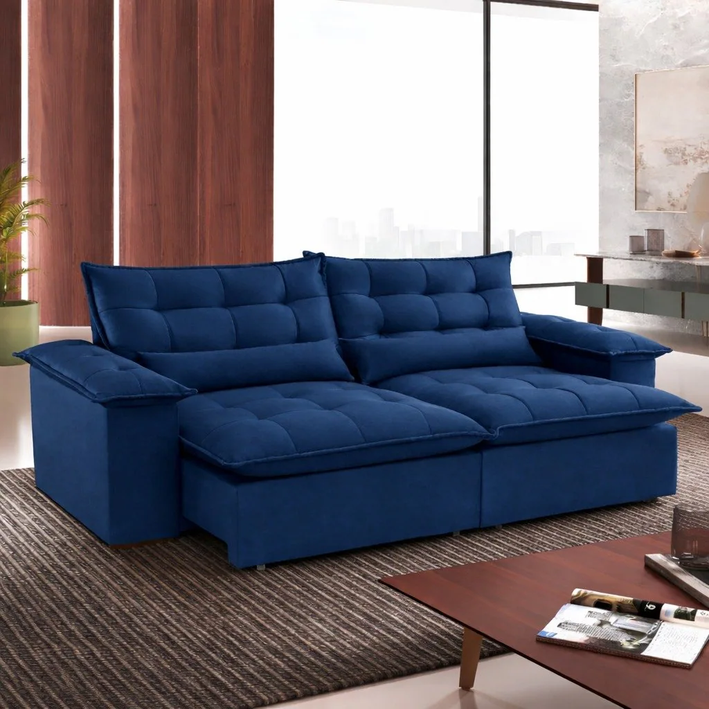 Sofá Retrátil e Reclinável Níger 2,50 m Veludo Azul B024 – TREVO ESTOFADOS