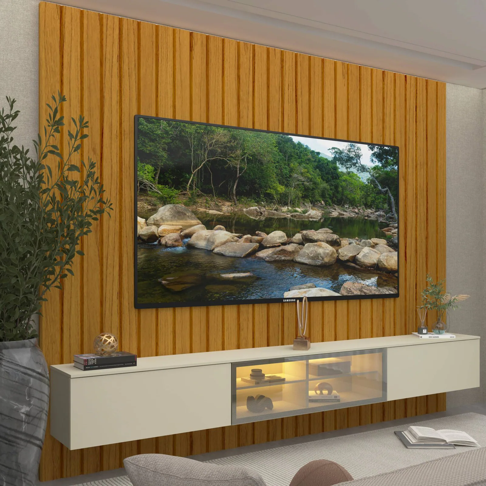 Home Suspenso até 85″ Majestade 230 Naturale com Nicho Luminare Off White – GELIUS