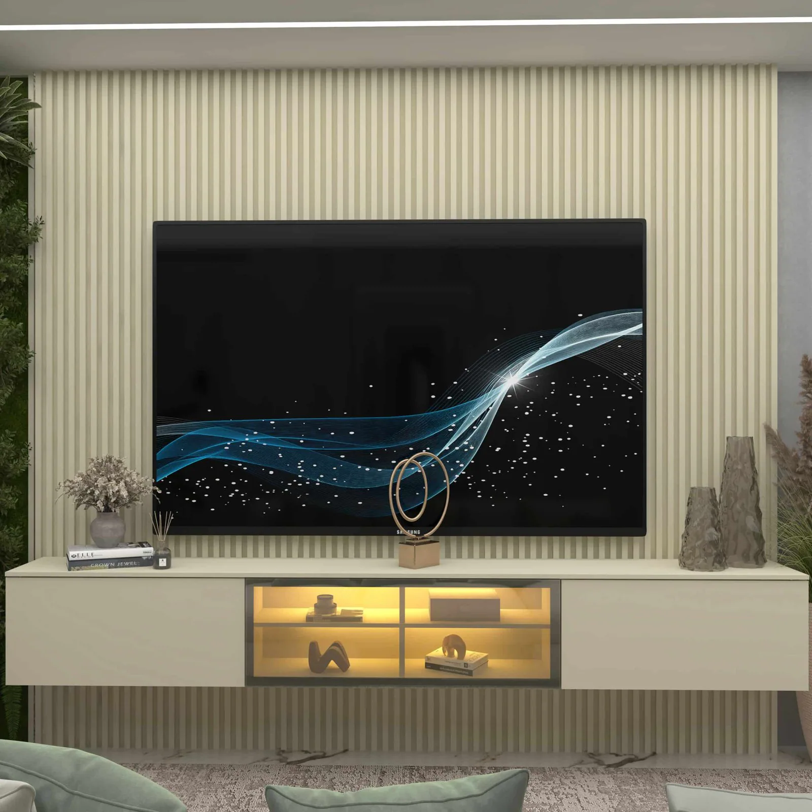 Home Suspenso até 85″ Supremo Ripado 218 Off White com Nicho Luminare Off White – GELIUS