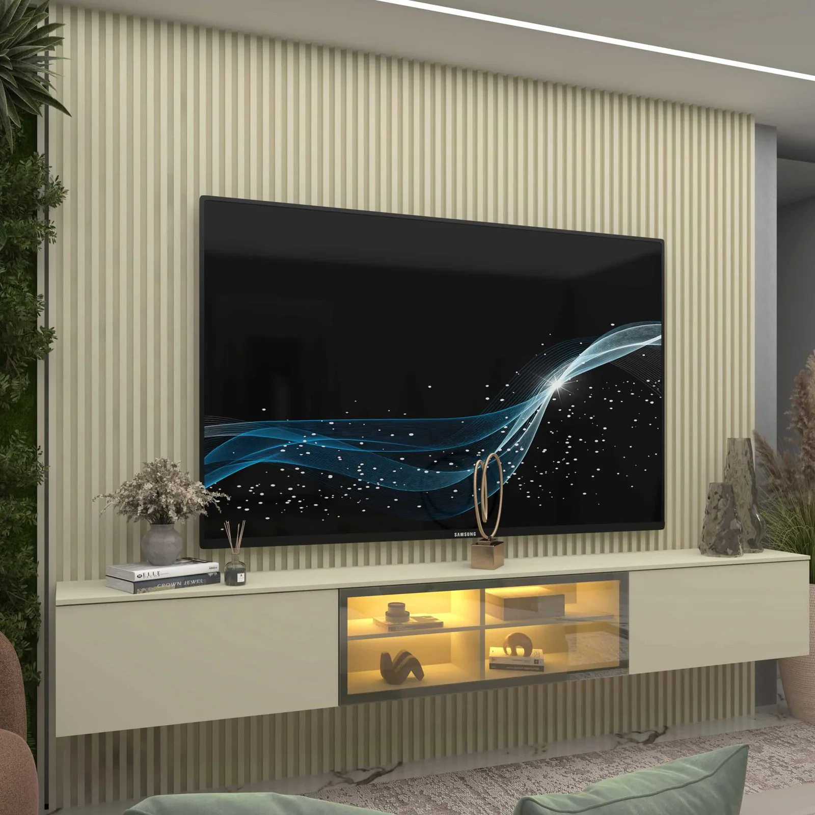 Home Suspenso até 85″ Supremo Ripado 218 Off White com Nicho Luminare Off White – GELIUS