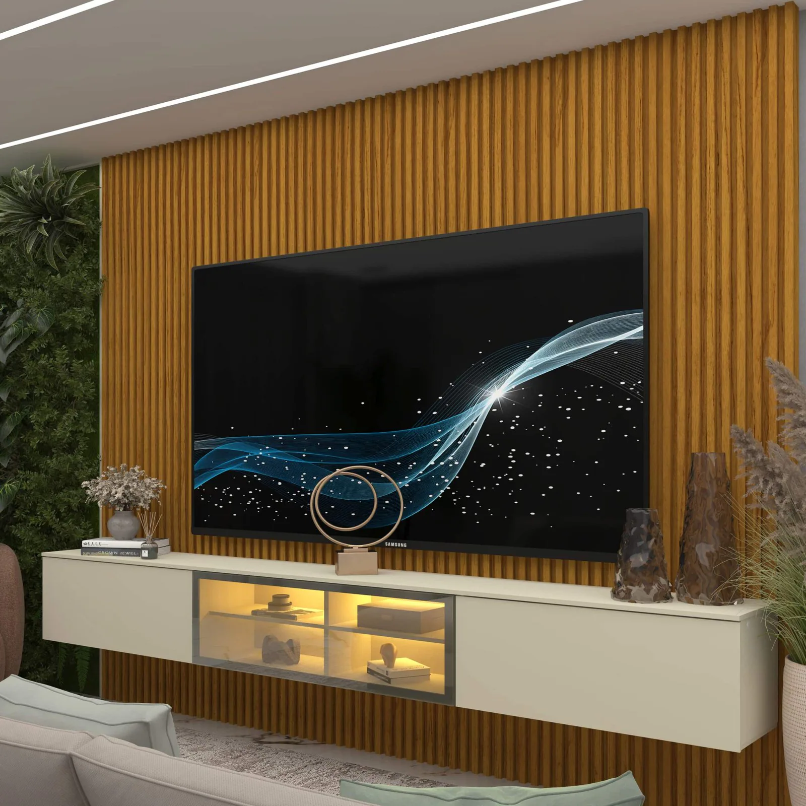 Home Suspenso até 85″ Supremo Ripado 218 Naturale com Nicho Luminare Off White – GELIUS