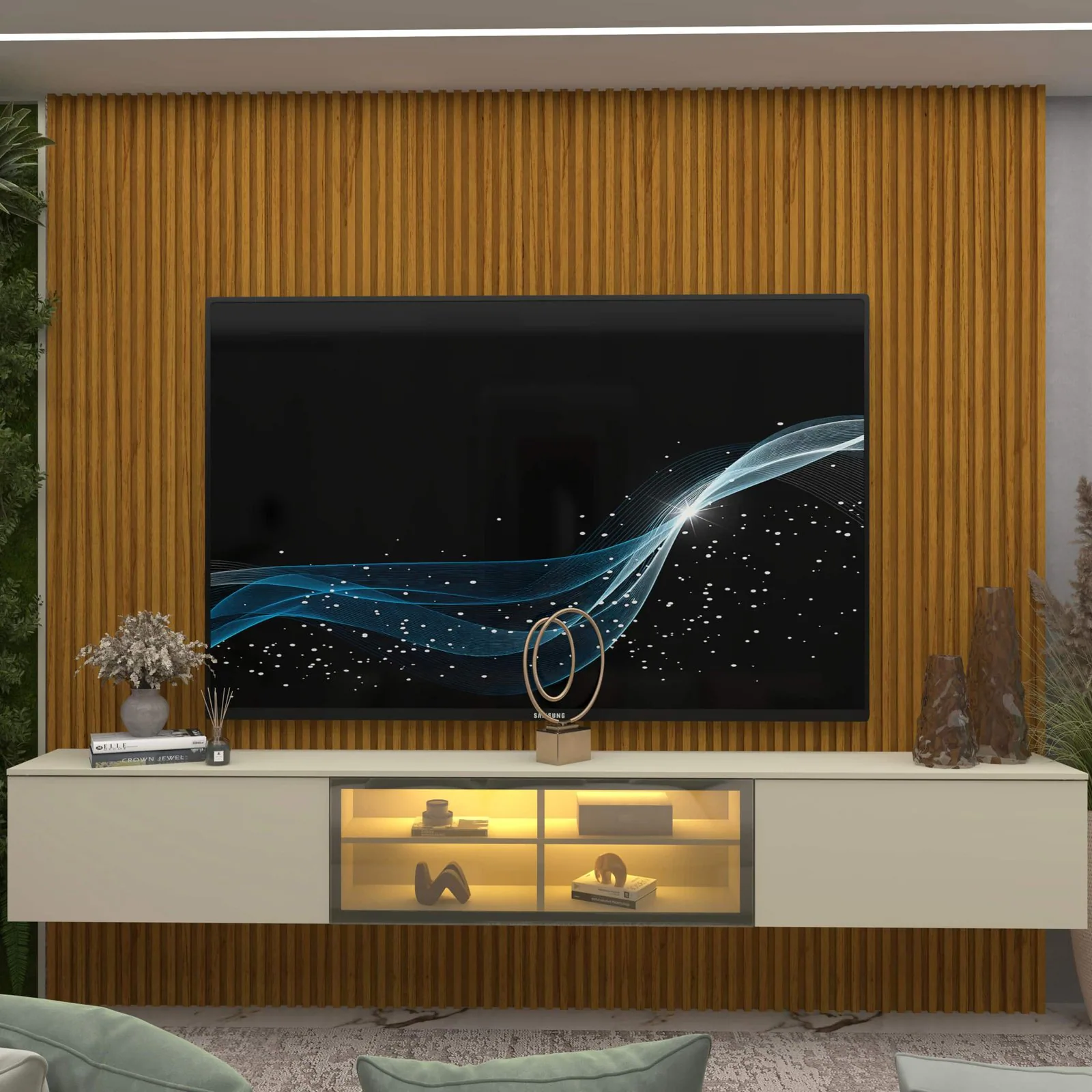 Home Suspenso até 85″ Supremo Ripado 218 Naturale com Nicho Luminare Off White – GELIUS