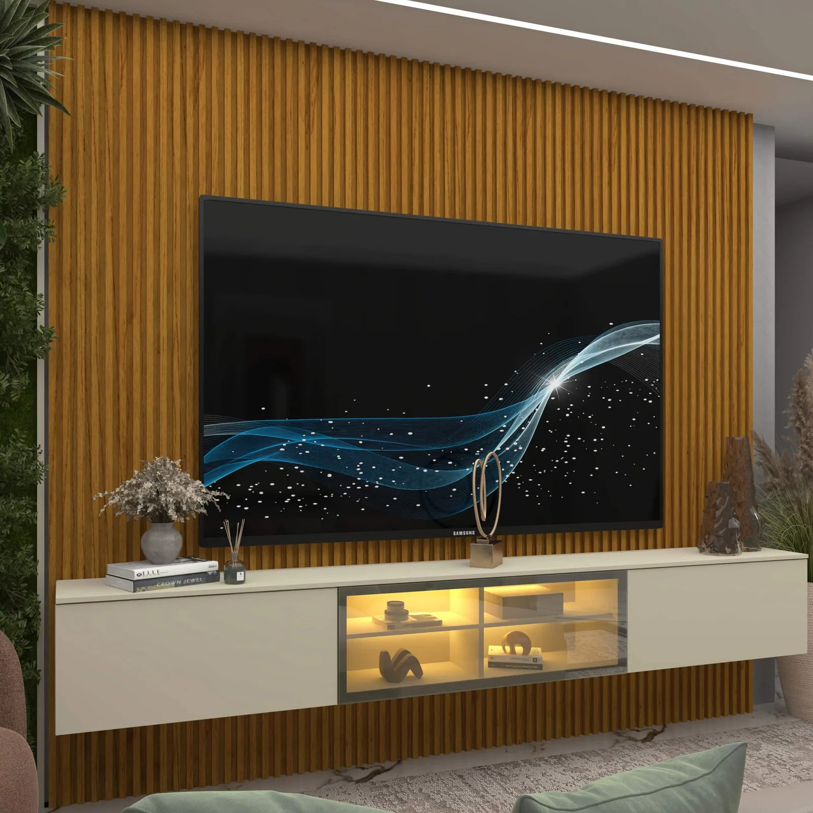 Home Suspenso até 85″ Supremo Ripado 218 Naturale com Nicho Luminare Off White – GELIUS