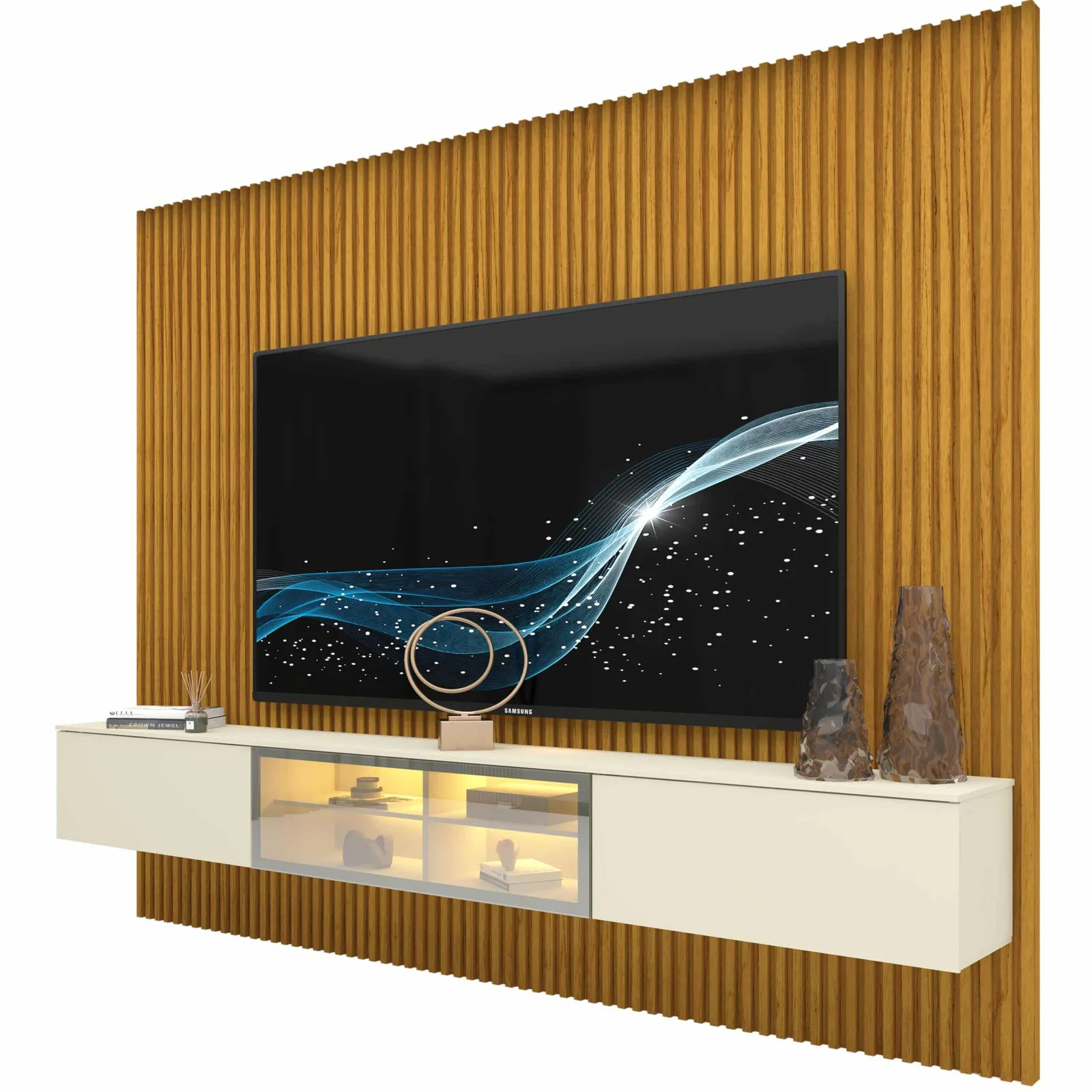 Home Suspenso até 85″ Supremo Ripado 218 Naturale com Nicho Luminare Off White – GELIUS
