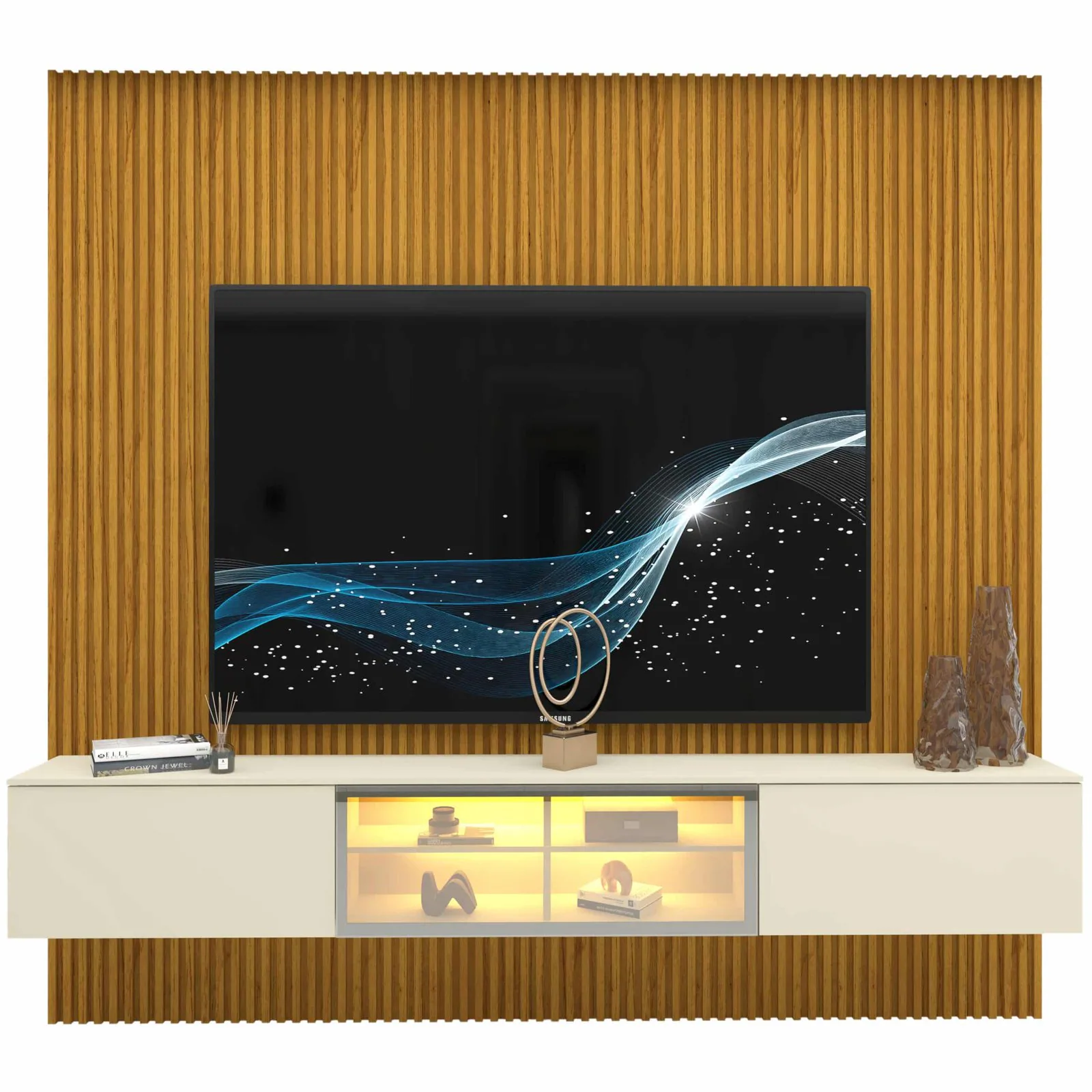 Home Suspenso até 85″ Supremo Ripado 218 Naturale com Nicho Luminare Off White – GELIUS