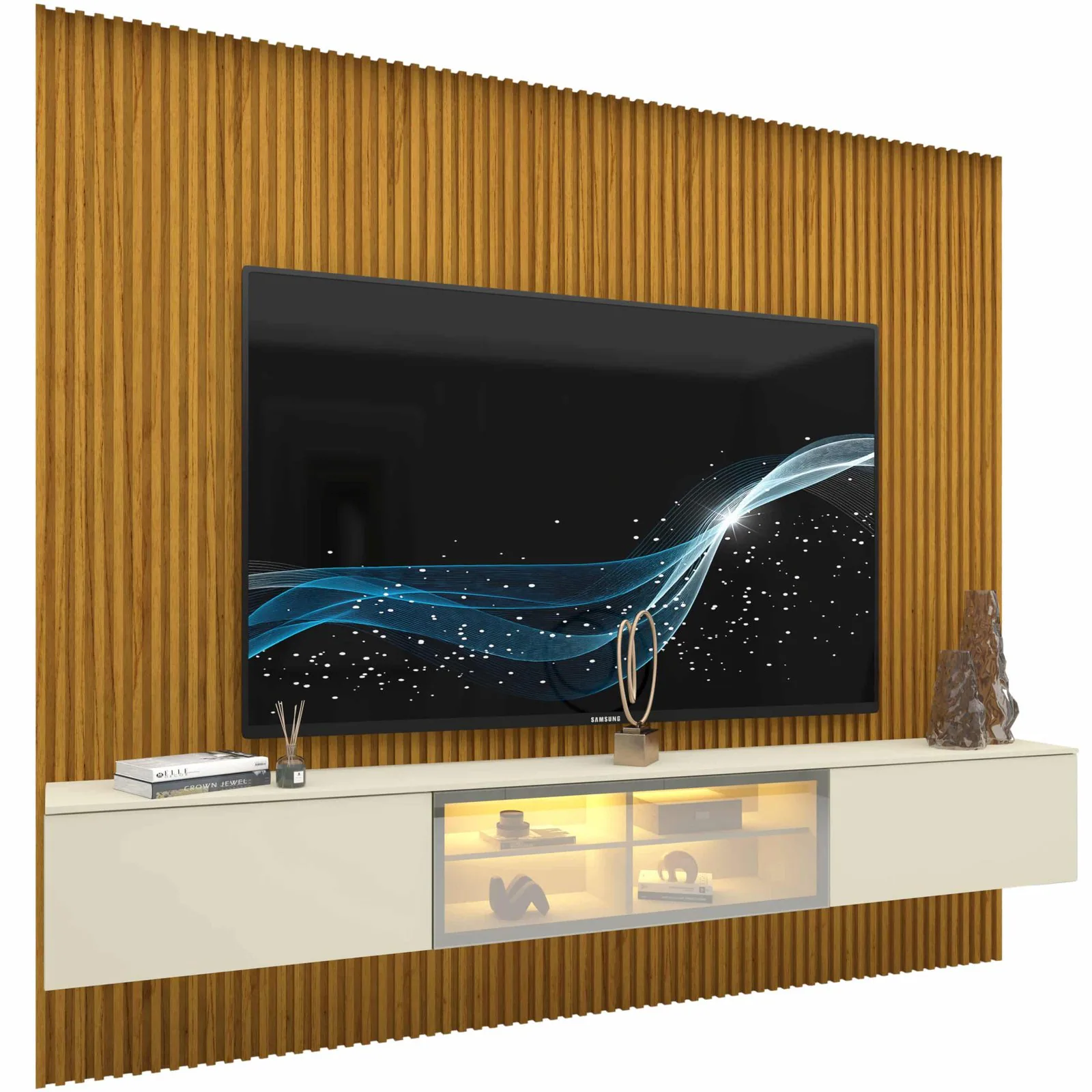 Home Suspenso até 85″ Supremo Ripado 218 Naturale com Nicho Luminare Off White – GELIUS