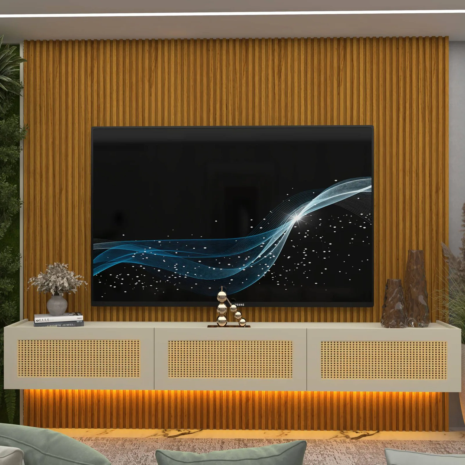 Home Suspenso até 85″ Supremo Ripado 218 Naturale com Nicho Native Off White – GELIUS