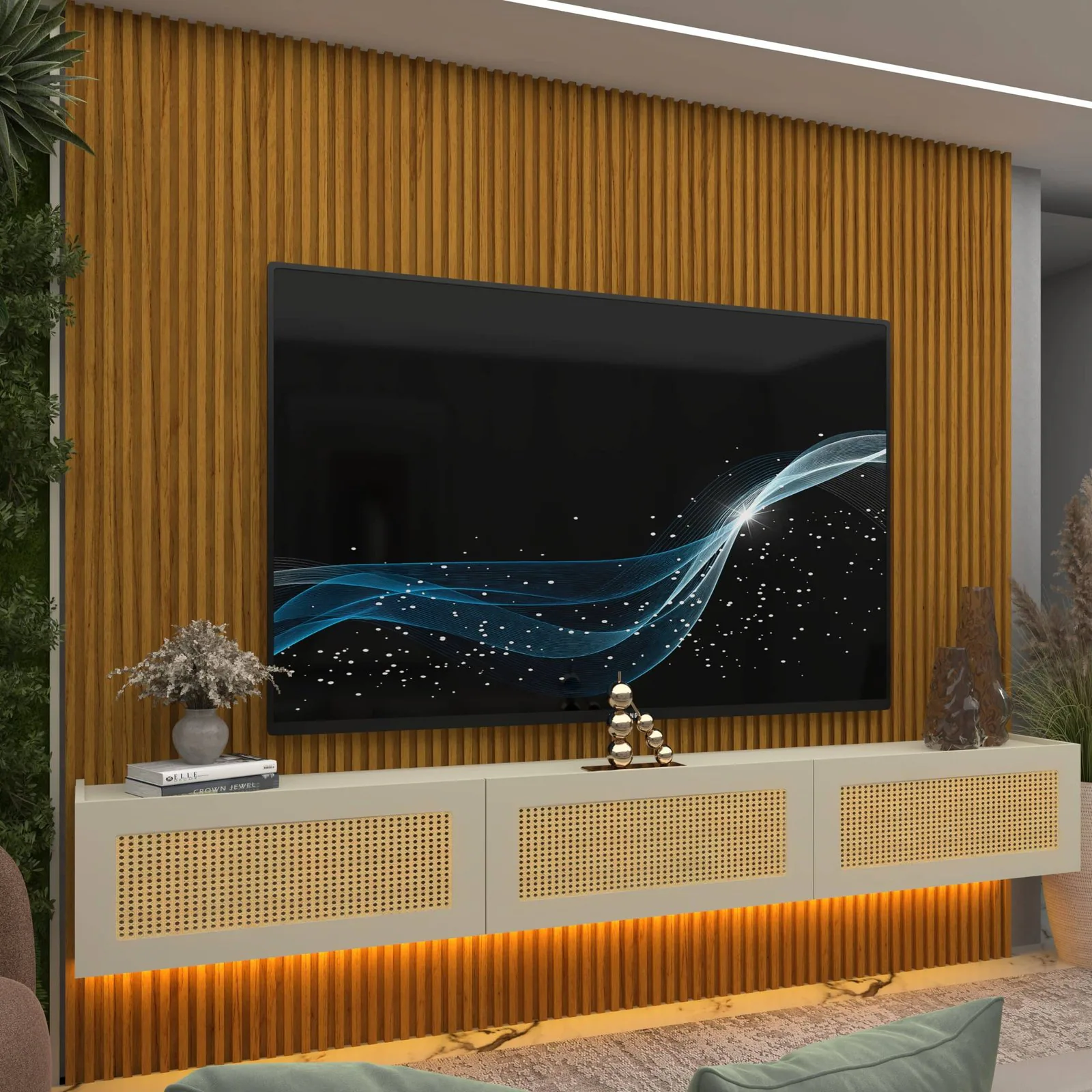 Home Suspenso até 85″ Supremo Ripado 218 Naturale com Nicho Native Off White – GELIUS