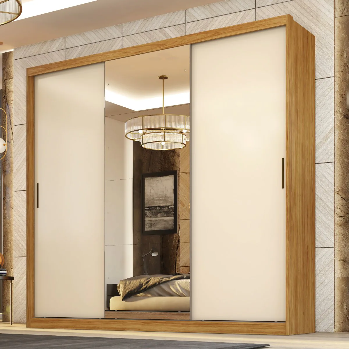 Guarda-Roupa 3 Portas Dalila 2,35 m (Com Espelho) Cinamon Touch/Off White – DEMÓBILE