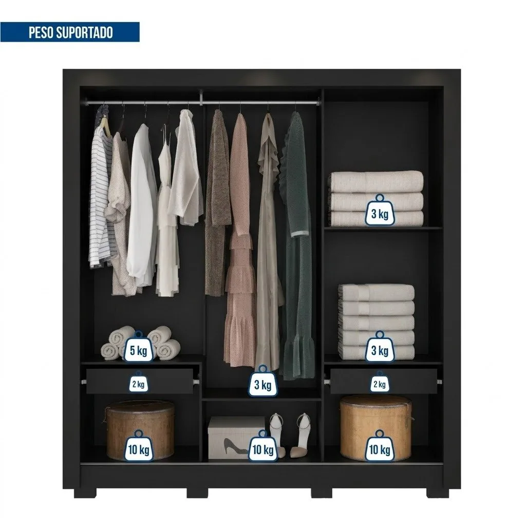 Guarda-Roupa 3 Portas Chile 1,914 m Preto – CAEMMUN MOVELARIA