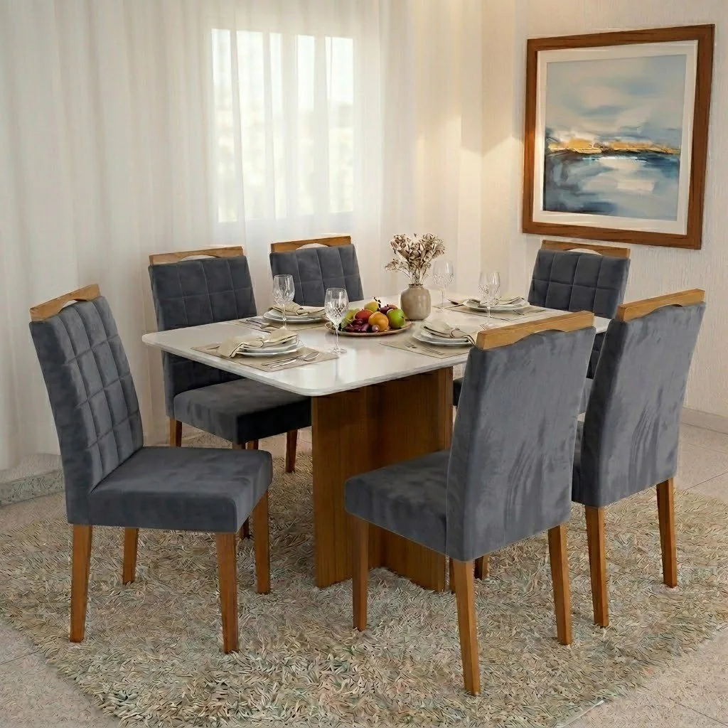 Mesa Salinas 160 (Tampo Londres c/vidro) Cinamomo/Off White com 6 Cadeiras Las Vegas Veludo Cinza Grafite 10 – CEL MÓVEIS + OURO DECOR